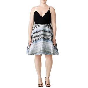 Badgley Mischka Neutral Stripe Dress Sleeveless Fit & Flare Knee Length Blue L
